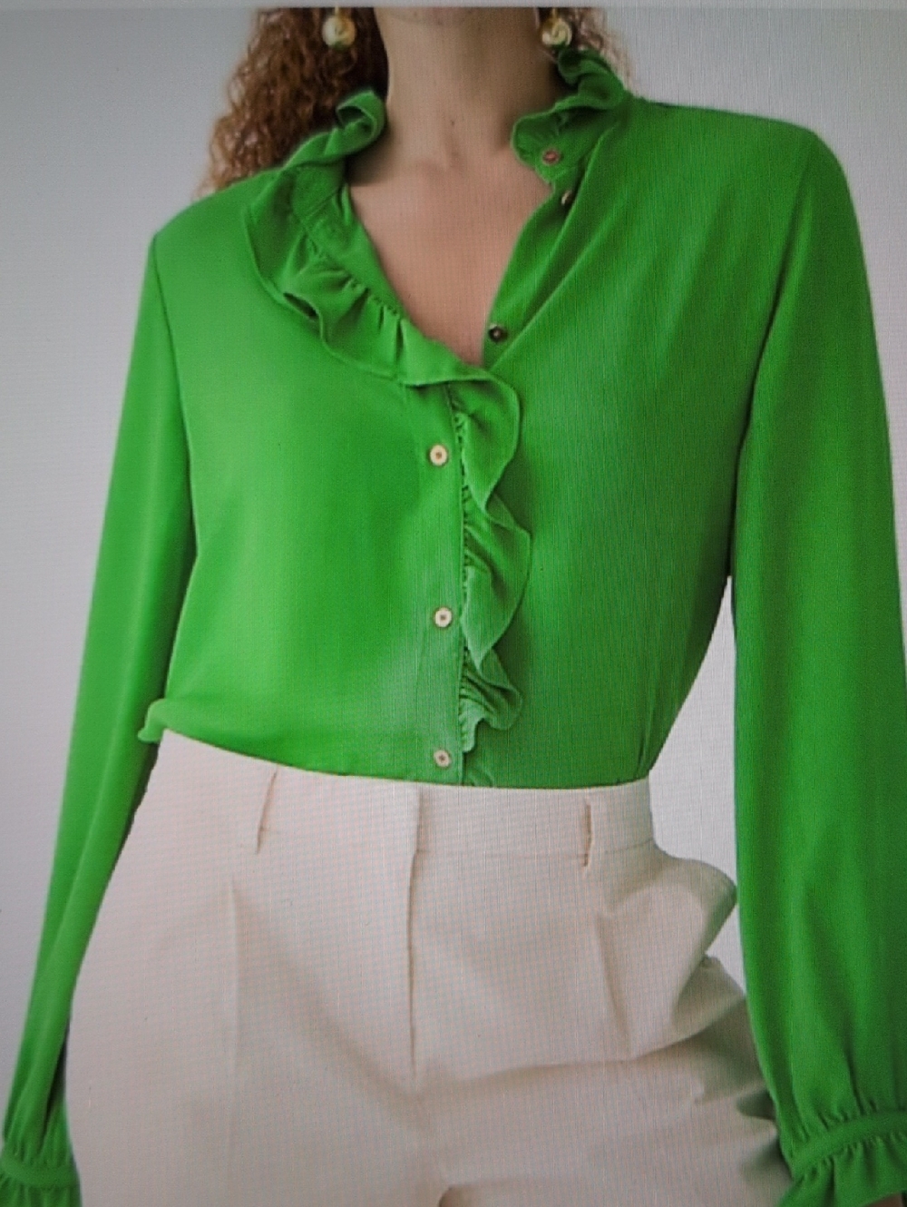 J. Crew Drapey & Ruffles Green Cottage L.S. Blouse